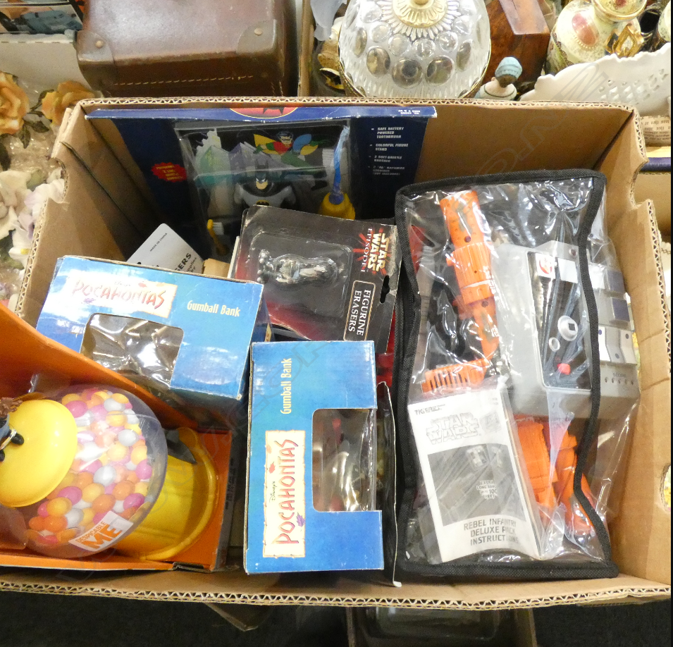 BOX LOT ASST. TOYS; BATMAN, DISNEY, STAR WARS ETC Image 1++
