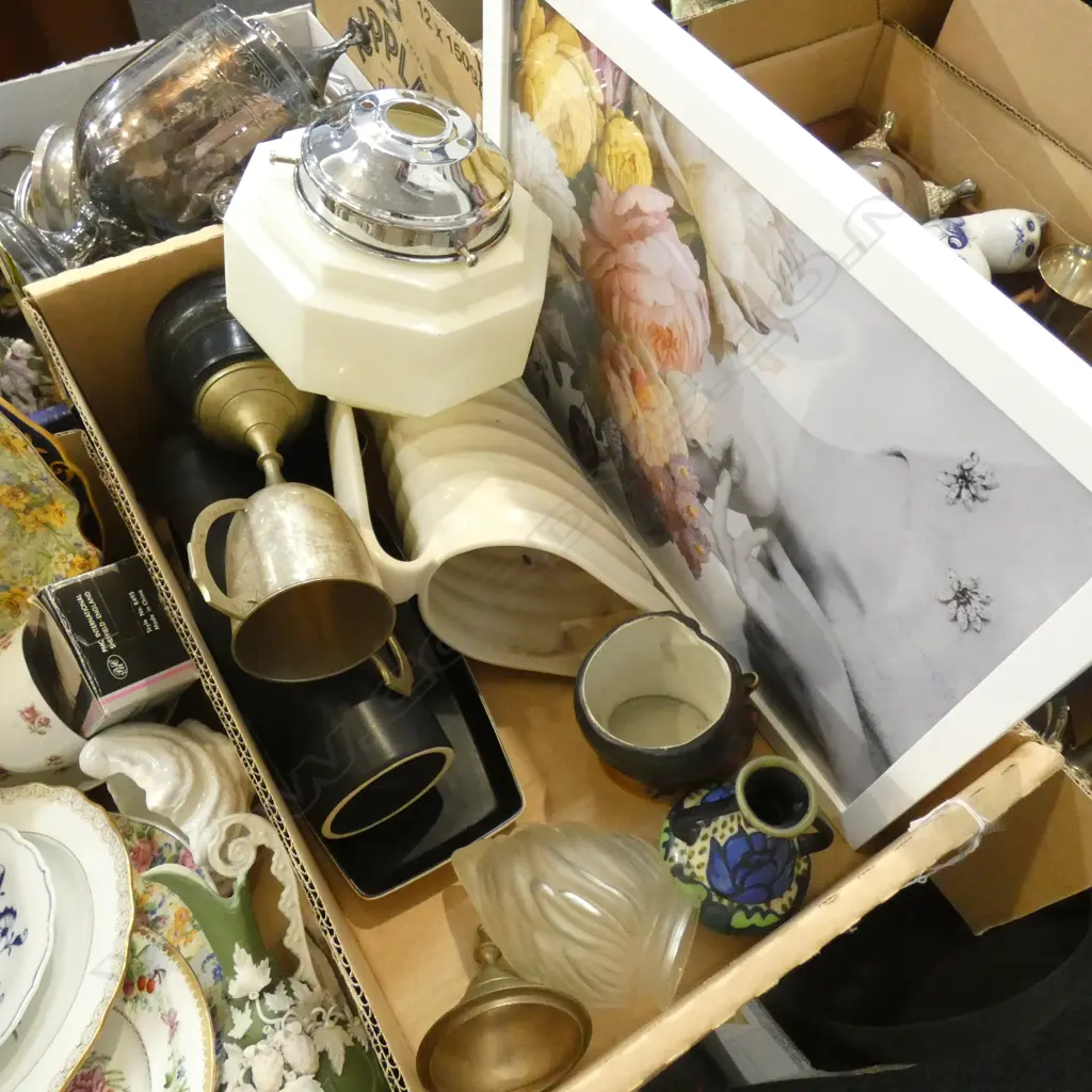 BOX MISC INCL CARTON WARE / BESWICK / ART DECO LIGHT FITTING ETC.. Image 1++