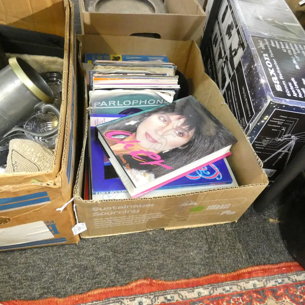 BOX LOT BOOKS; MUSICIANS; ELVIS, CHER 45S, ETC Image 1++