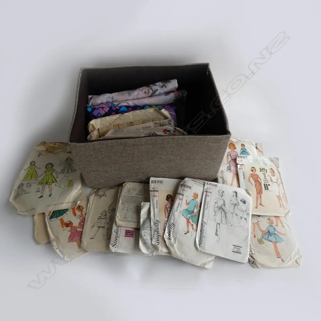 BOX OF VINTAGE GIRLS DRESS PATTERNS ETC & ASST FABRIC Image 1++