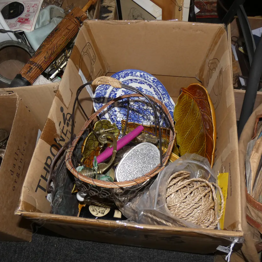 BOX LOT CERAMICS, TWINE,  BASKET ETC Image 1++