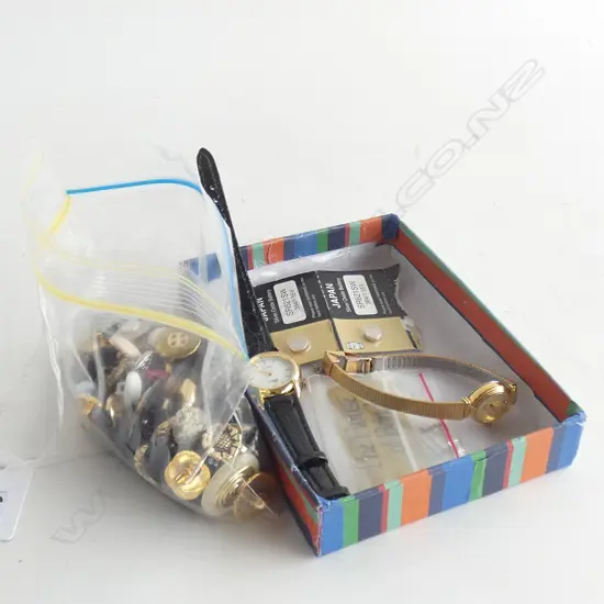 2 LADIES WATCHES + BAG OLD BUTTONS INC METAL; FAUX PEAR ETC..