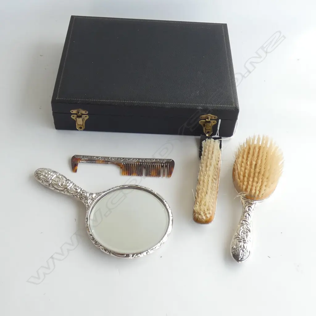 VINTAGE BOXED STG SILVER BACKED DRESSING TABLE SET 3 PC + 1 MISC COMB (A/F) Image 1++