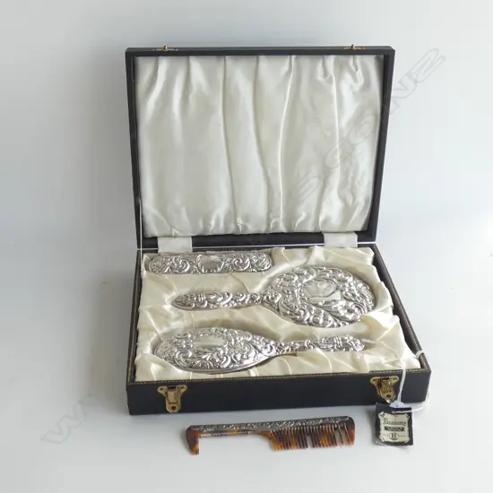 VINTAGE BOXED STG SILVER BACKED DRESSING TABLE SET 3 PC + 1 MISC COMB (A/F)