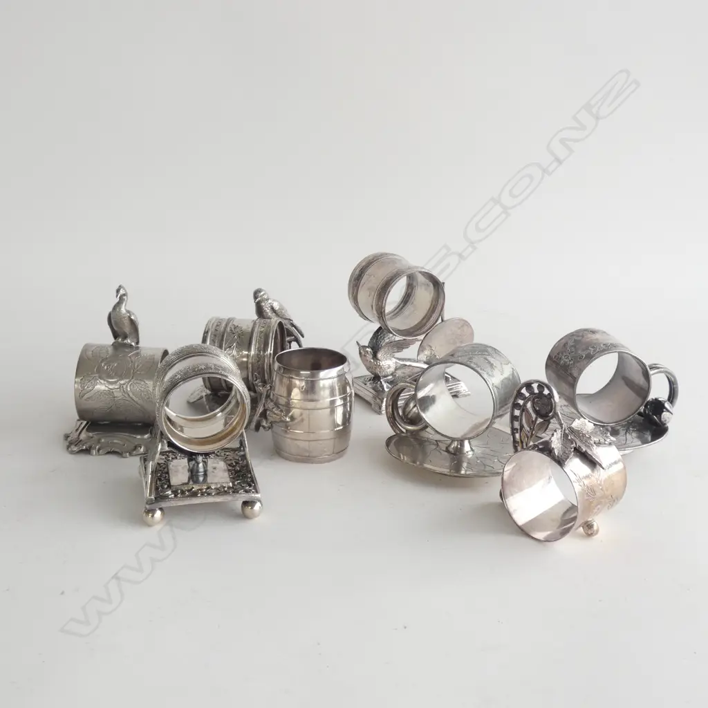 8 ASST VINTAGE SILVER PLATE NOVELTY NAPKIN RINGS INCL BIRDS  ETC.. Image 1++
