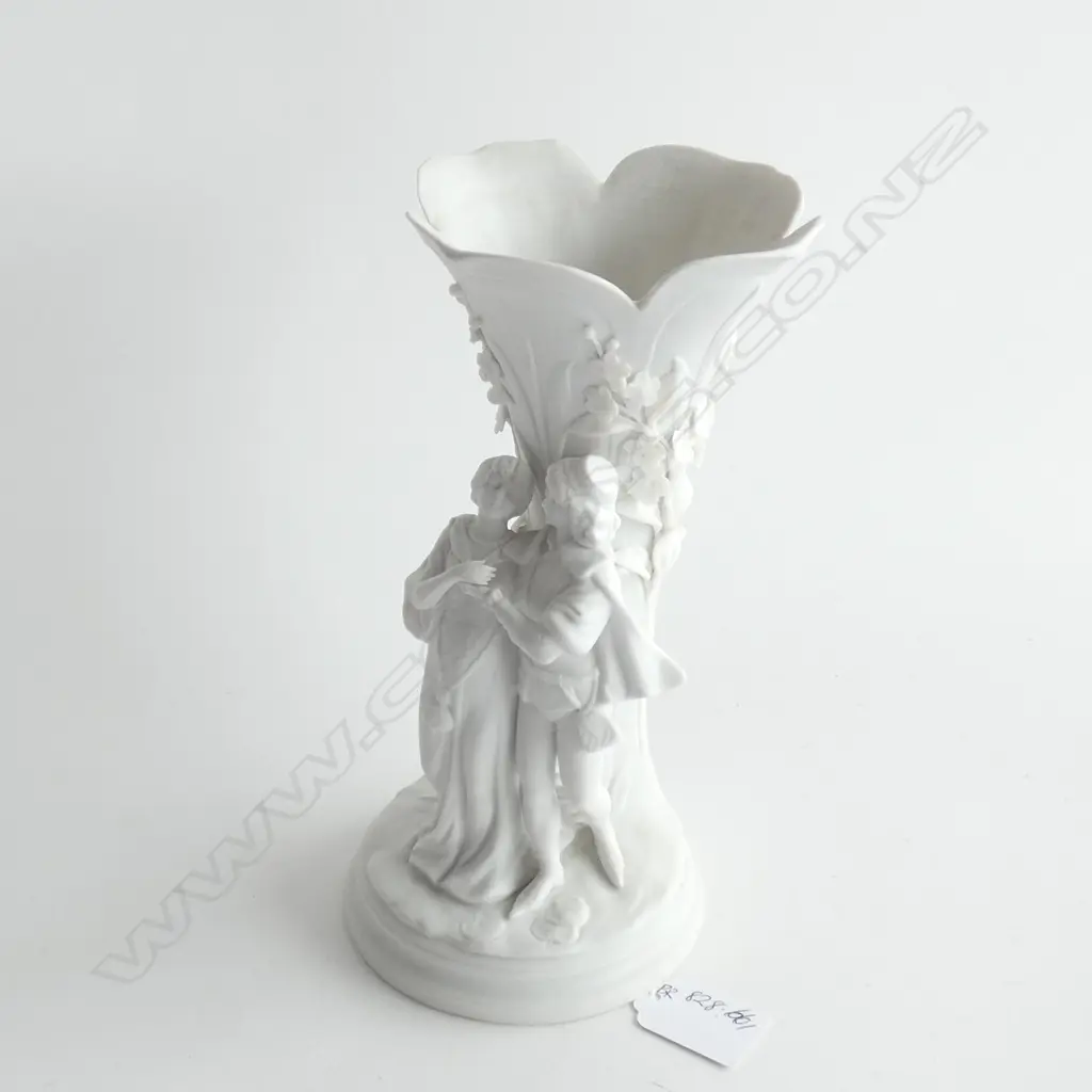 A PORCELAIN WHITE BISQUE VASE, MEDIEVAL COURTING COUPLE DESIGN Image 1++