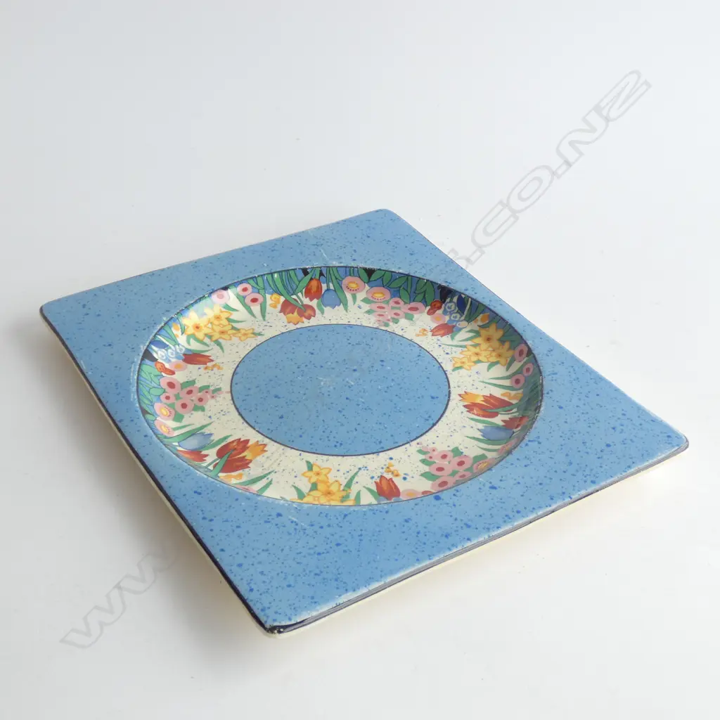 A CLARICE CLIFF BIARRITZ SQUARE PLATE, DECORATED  WITH A BAND OF CROCUS. 230 x 190mm Image 1++