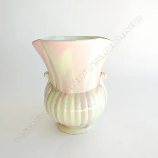 A CROWN DEVON VASE, DRIP GLAZE IN PINK AND GREEN. H.185mm