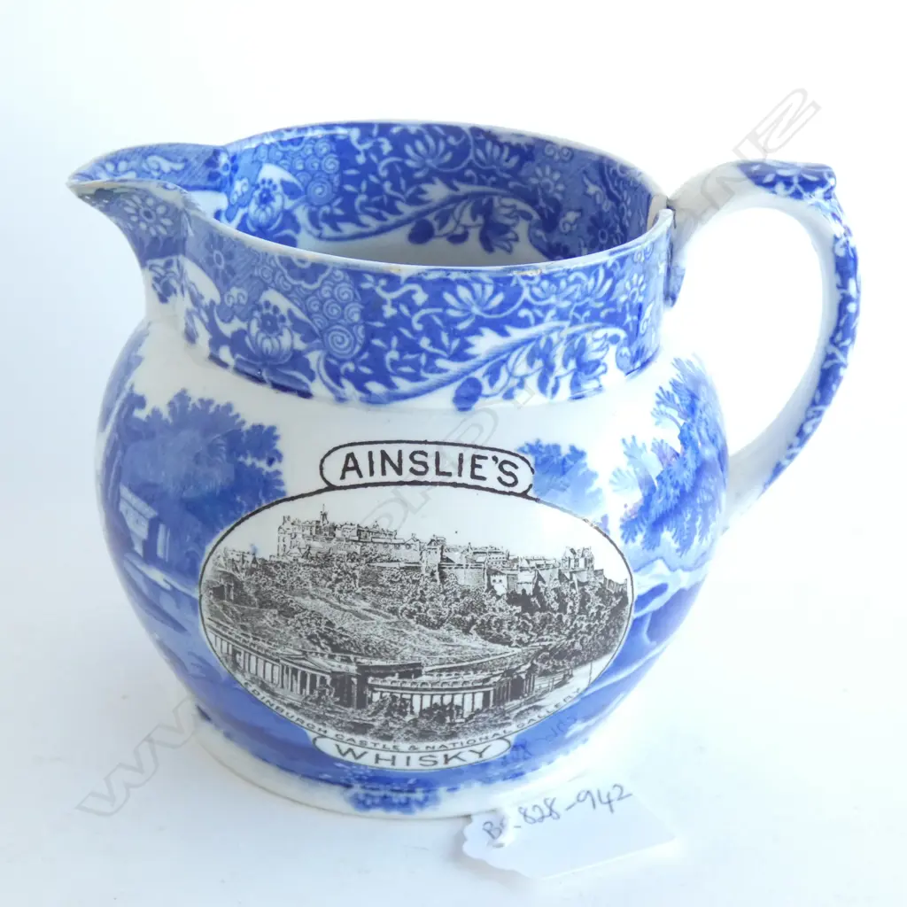 AINSLIE'S BLUE AND WHITE WHISKEY JUG. AF. H.110mm Image 1++