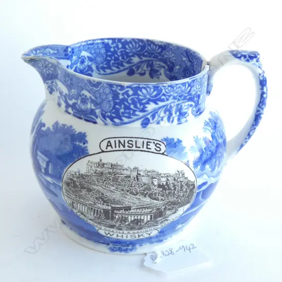 AINSLIE'S BLUE AND WHITE WHISKEY JUG. AF. H.110mm