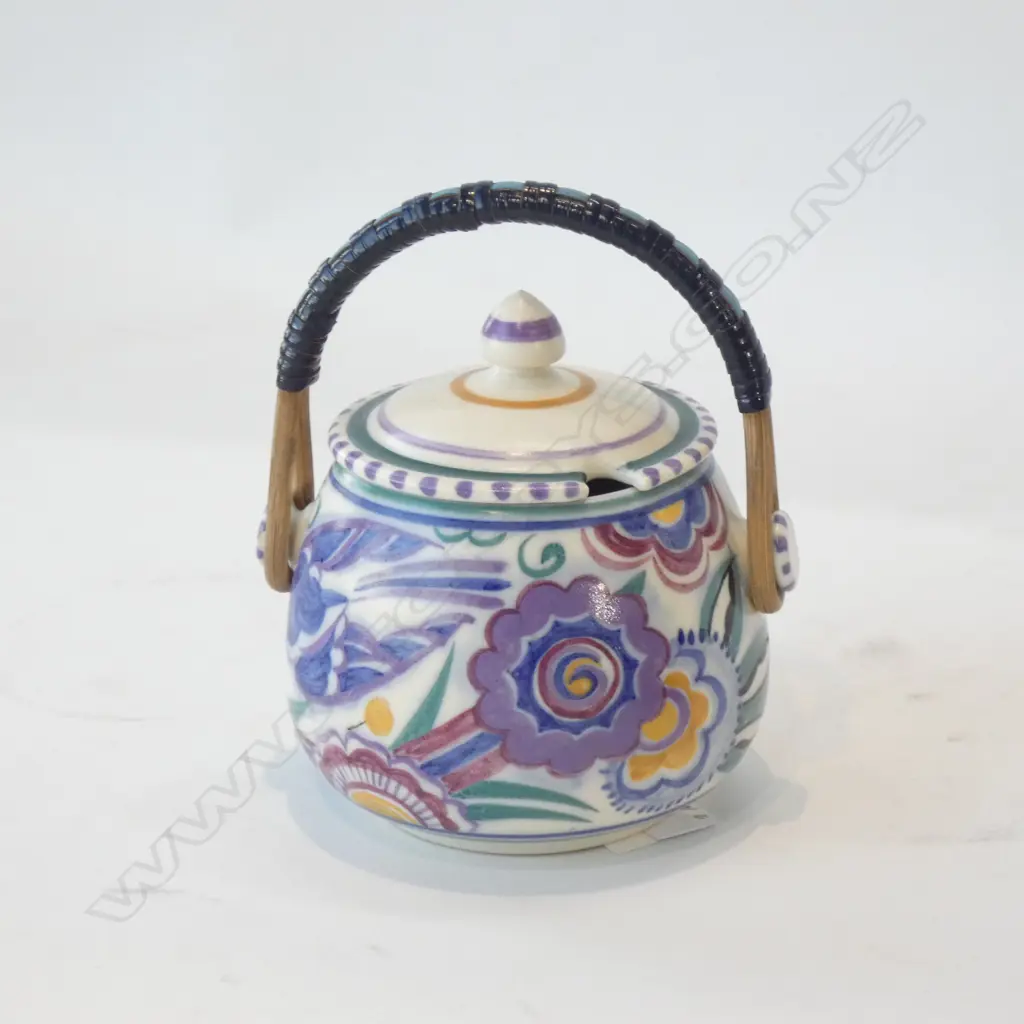 A POOLE BLUEBIRD DESIGN JAM POT w CANE HANDLE, BY VERA WILLS (MORGAN) 1936-50 Image 1++