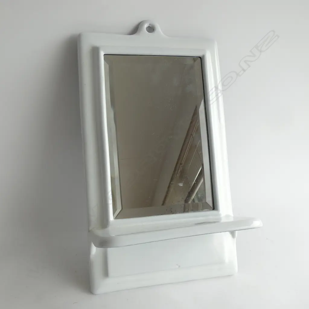 A VICTORIAN METAL BATHROOM MIRROR, ENAMELLED WHITE RECTANGULAR w SHELF Image 1++