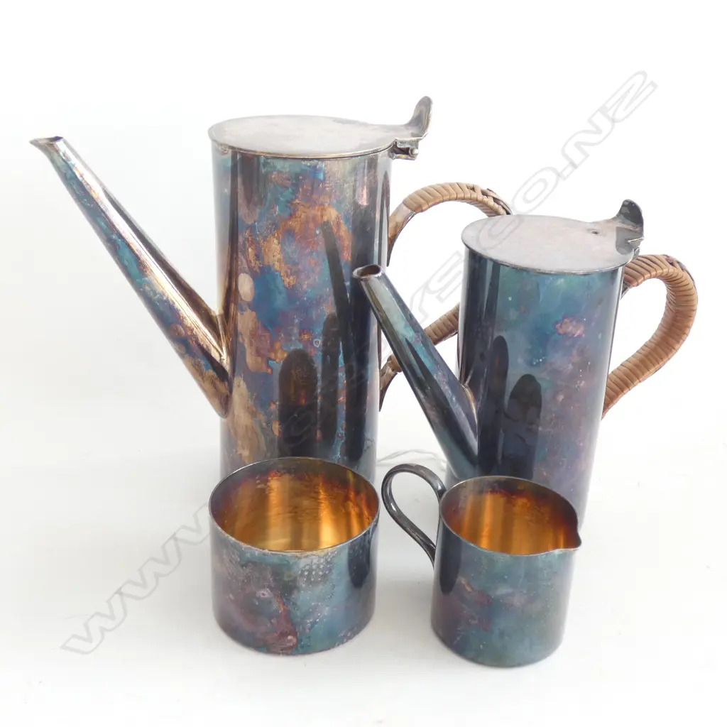 A SMALL ARTS& CRAFTS SILVER PLATED (EPNS) WATER POT, COFFEE POT MILK JUG AND SUGAR BOWL… Image 1++