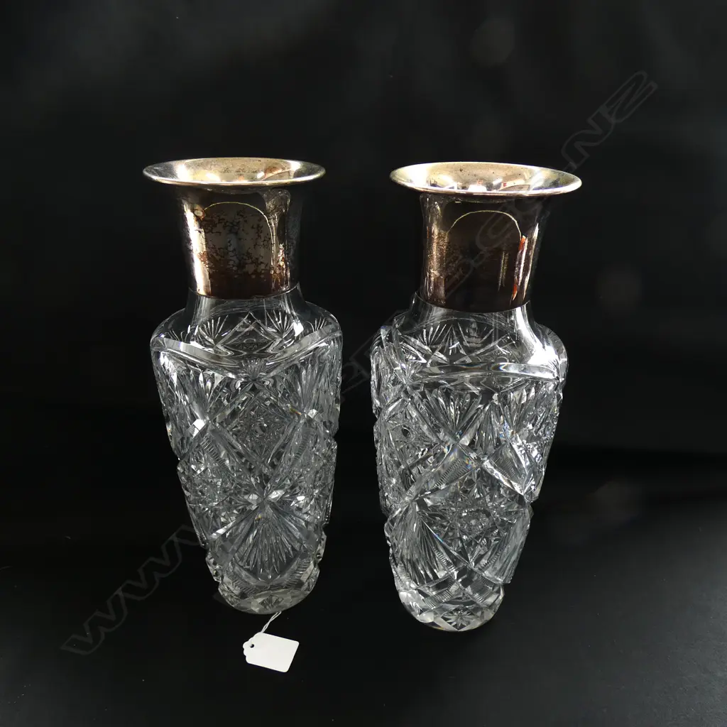PAIR WMF DEEPLY CUT CRYSTAL VASES, w SILVER PLATED TOPS LATE 19thC Image 1++