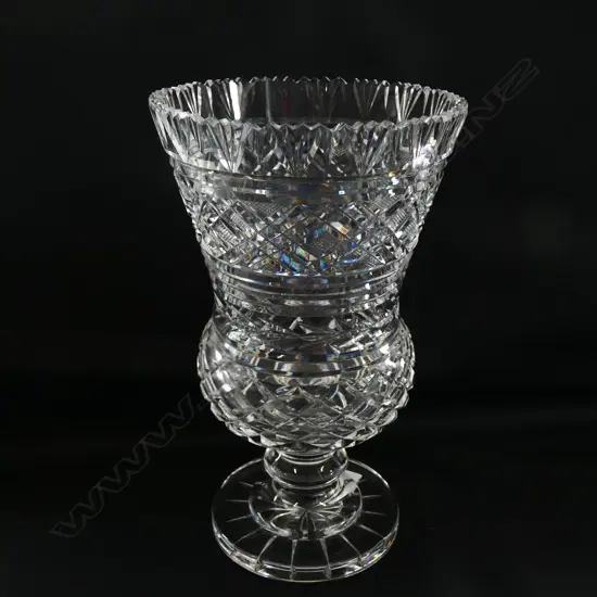 A CUT CRYSTAL THISTLE SHAPED VASE ON SQUARE BASE, MINOR FRIT TO RIM H.270mm