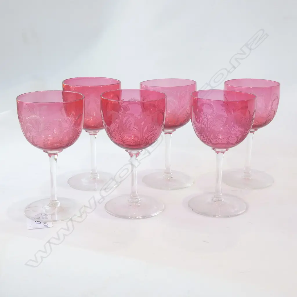 SIX ETCHED CRANBERRY BOWLED PORT/SHERRY GLASSES. H.120mm Image 1++