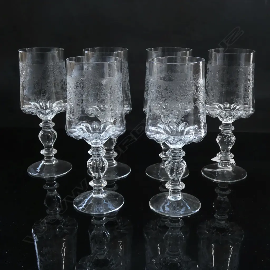 6 CLEAR GLASS LOBED/ENGRAVED GOBLETS - VICTORIAN STYLE. Image 1++