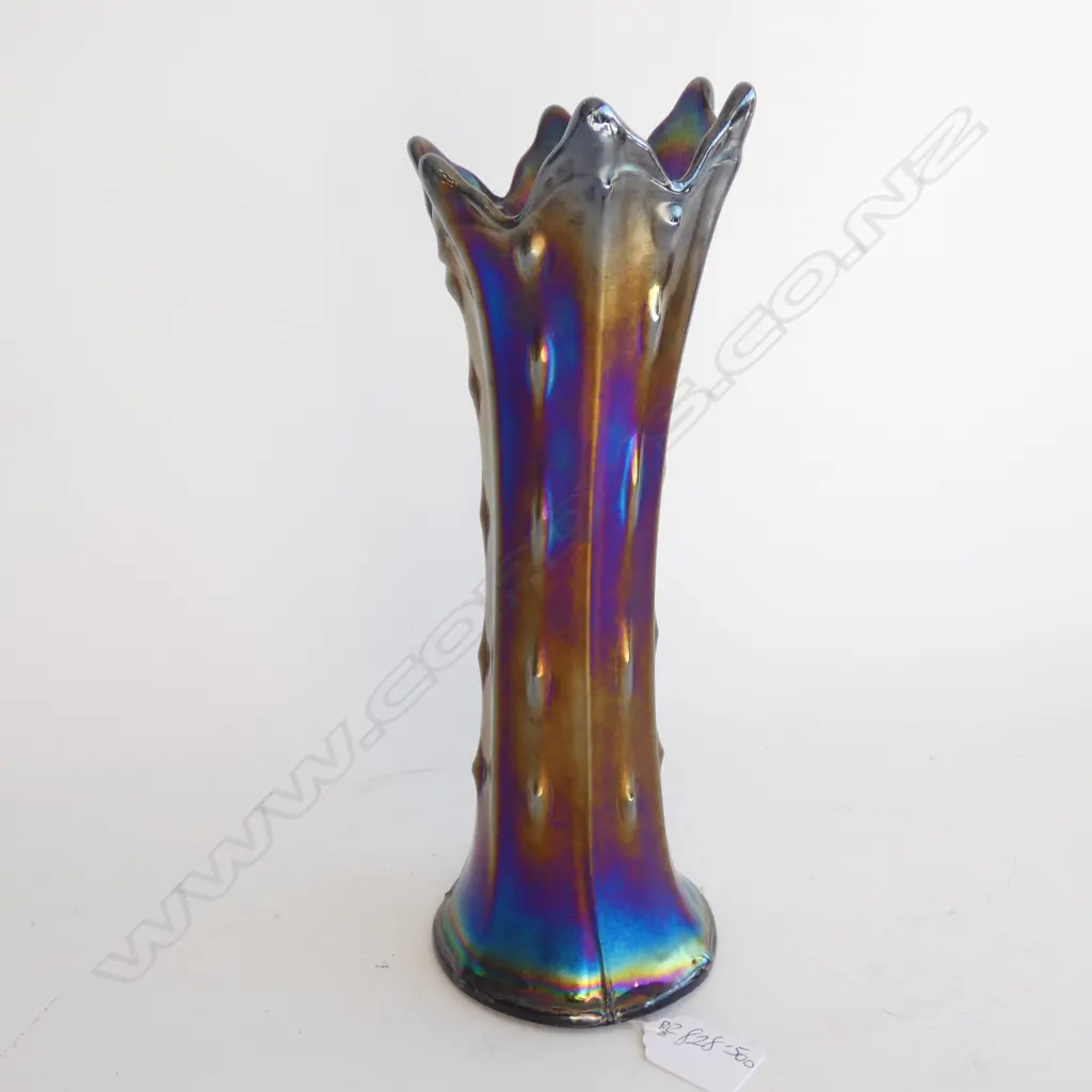 A CARNIVAL GLASS VASE, DEEP PURPLE, WITH COBALT, PURPLE AND BRONZE IRIDESCENCE. H.280mm Image 1++