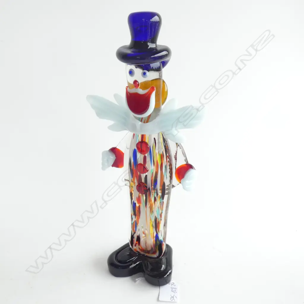A MURANO GLASS CLOWN,  LARGE STAND-OUT WHITE BOW TIE, FLAT CLEAR BODY WITH MULTICOLOURED VERTICAL CANES Image 1++