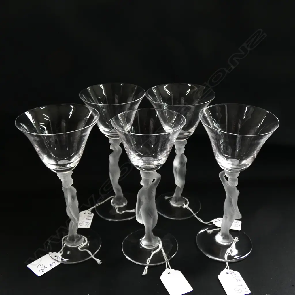FIVE LALIQUE STYLE CONTEMPORARY WINE GLASSES W STEM OF FROSTED FEMALE NUDE. H.160mm Image 1++