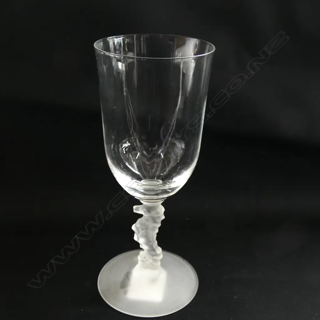 A CONTEMPORARY WINE GLASS & BRANDY GLASS w STEMS OF FROSTED SEAHORSE & FEMALE NUDE. H.190mm Image 1++