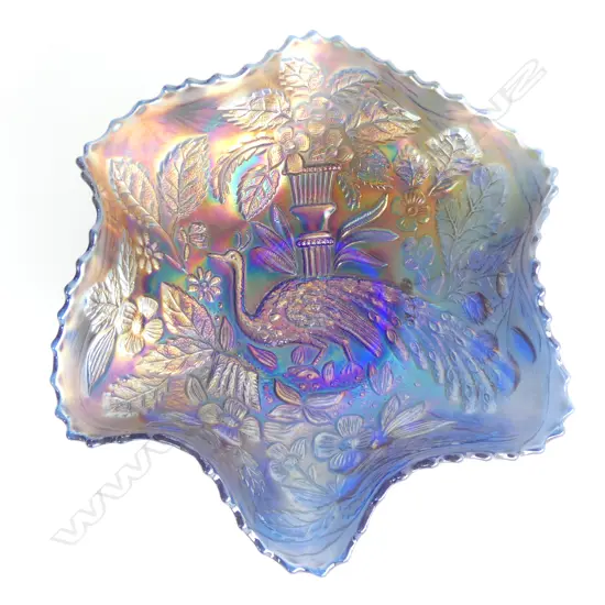 A BLUE CARVINVAL GLASS BOWL WITH PEACOCK, DIA.220mm
