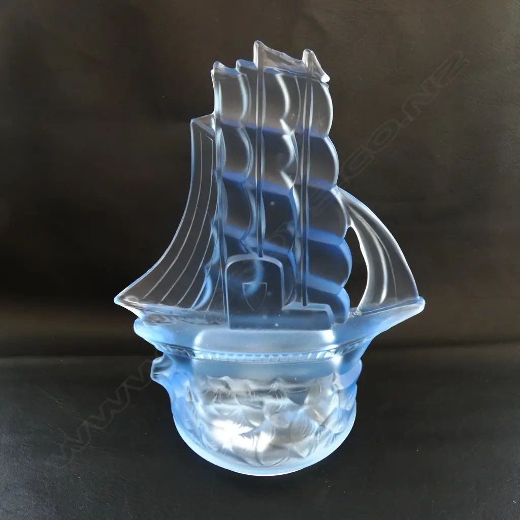 A PALE BLUE DEPRESSION GLASS FROSTED SAILING SHIP, H.245mm Image 1++