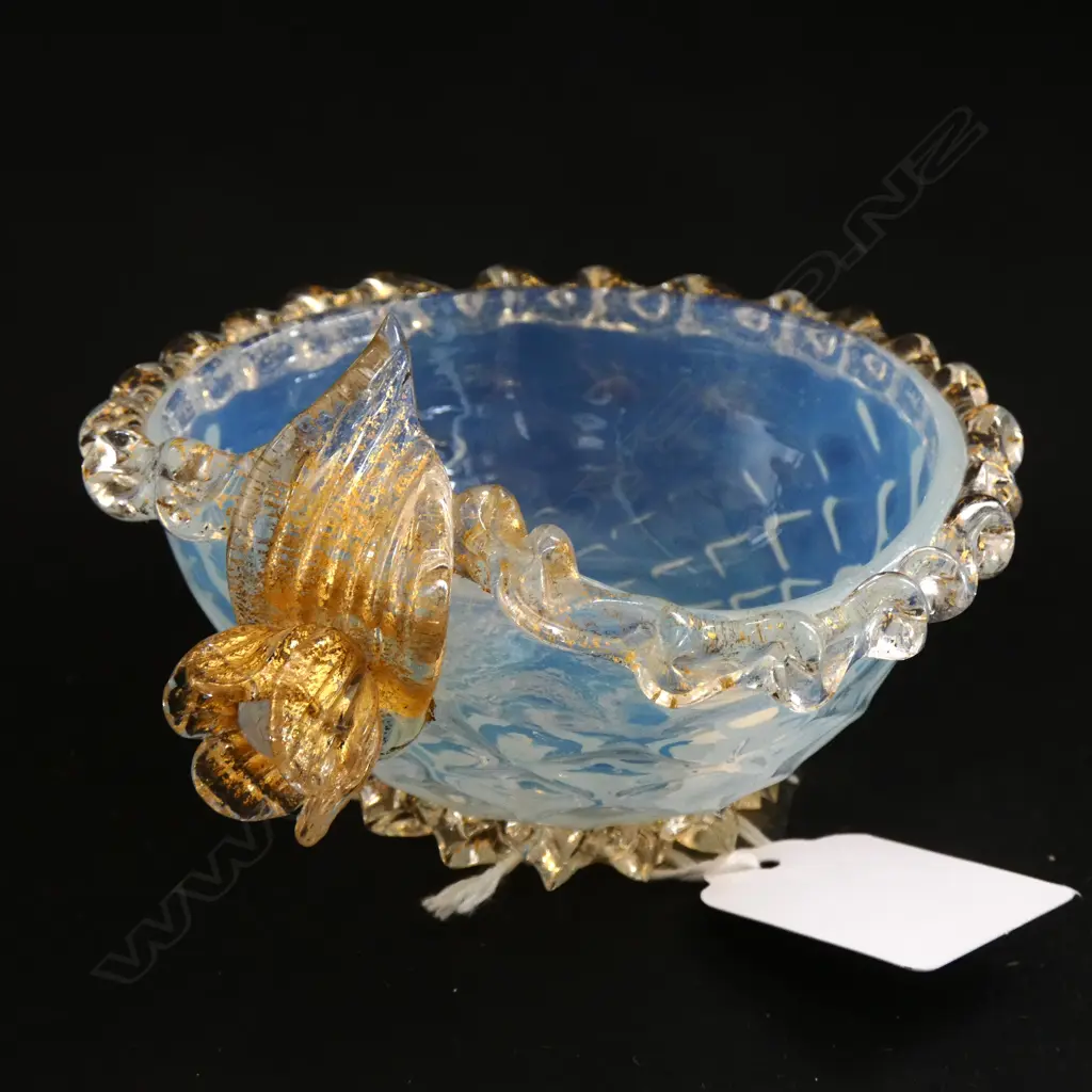 AN ART DECO PERFUME BOTTLE (CZECH?),  A SMALL MURANO OPALESCENT BOWL & A SMALL GLASS BOTTLE SCENT BOTTLE… Image 1++