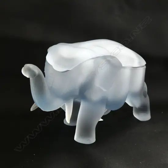 TWO GLASS ART DECO ELEPHANT POTS, WITH BACK FORMING LIDS, L.180 X 110mm
