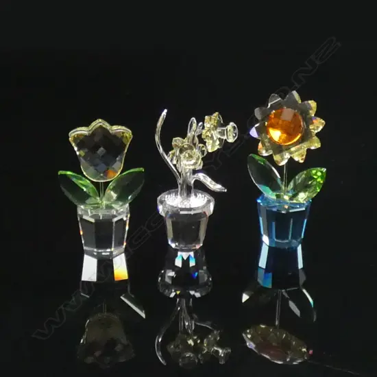 3 SWAROVSKI CRYSTAL FLOWER POTS; SUNFLOWER/NARCISSUS & YELLOW TULIP - ALL W BOXES & SLEEVES
