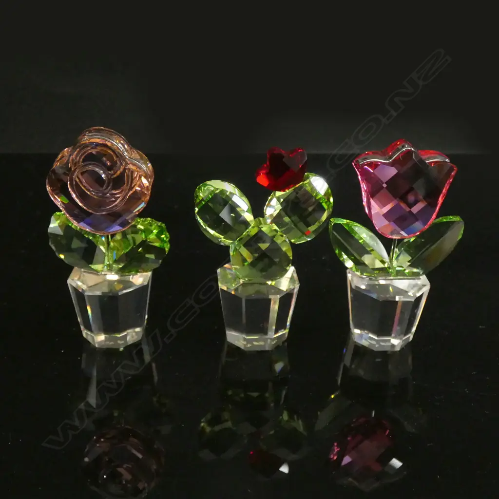 3 SWAROVSKI CRYSTAL FLOWER POTS; RED ROSE / PINK TULIP / PINK ROSE  - EACH W ORIGINAL BOX & SLEEVE Image 1++