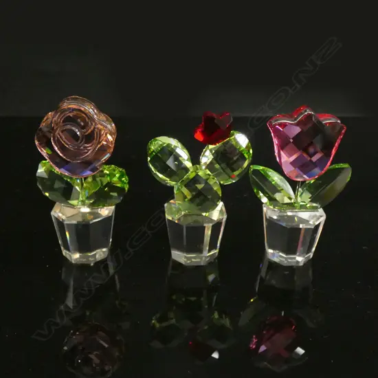 3 SWAROVSKI CRYSTAL FLOWER POTS; RED ROSE / PINK TULIP / PINK ROSE  - EACH W ORIGINAL BOX & SLEEVE