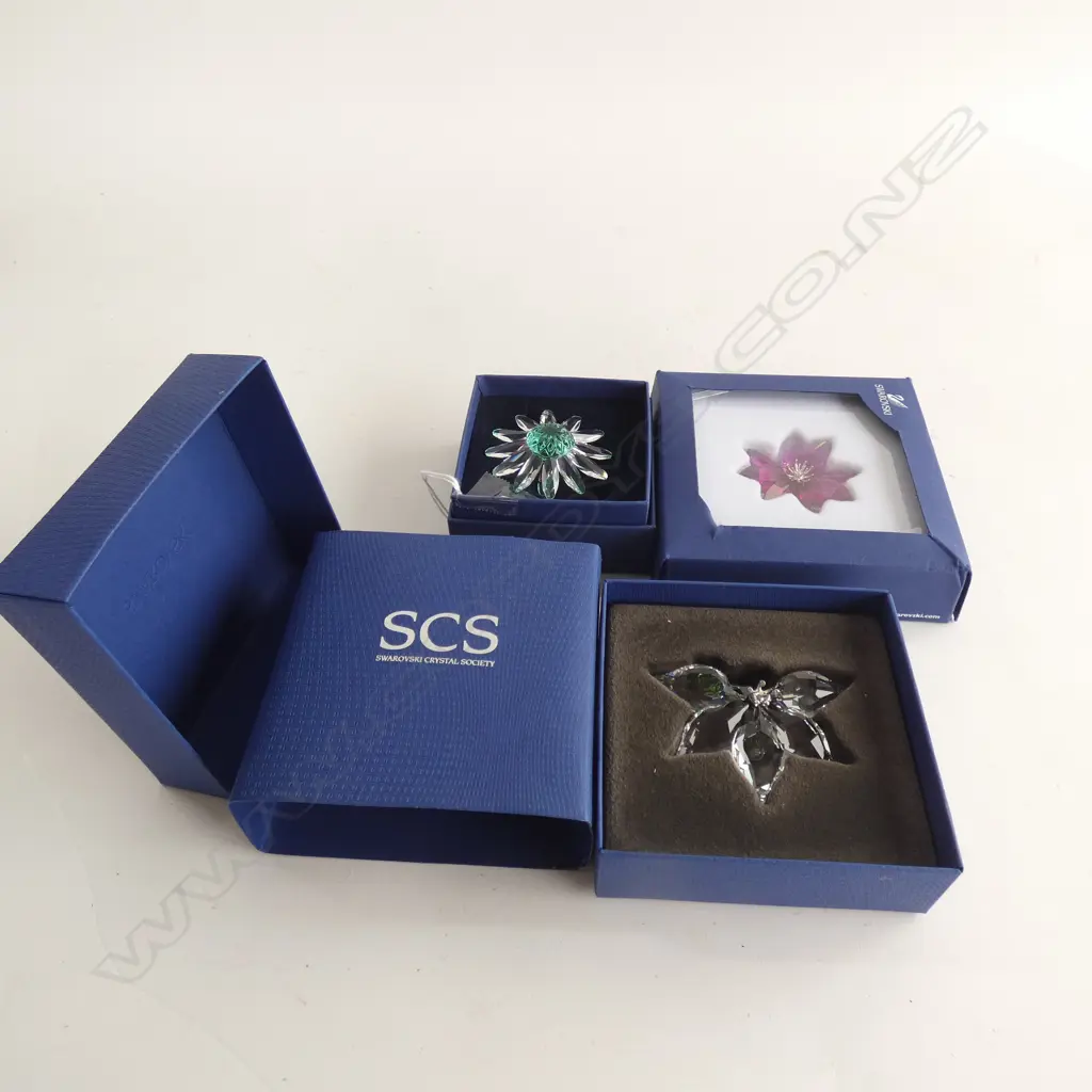 3 SWAROVSKI CRYSTAL FLOWERS; ORCHID / FUCHSIA & 2001 GREEN MARGUERITE - ALL IN ORIGINAL BOXES  Image 1++