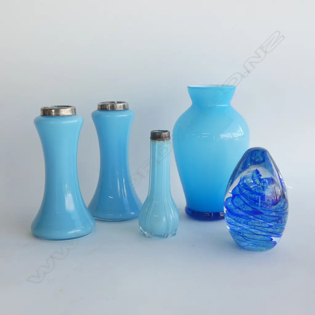 VINTAGE LIGHT BLUE GLASS VASES W STG RIMS (PR +1) + BLUE GLASS PAPERWEIGHT & 2 GLASS VASE Image 1++