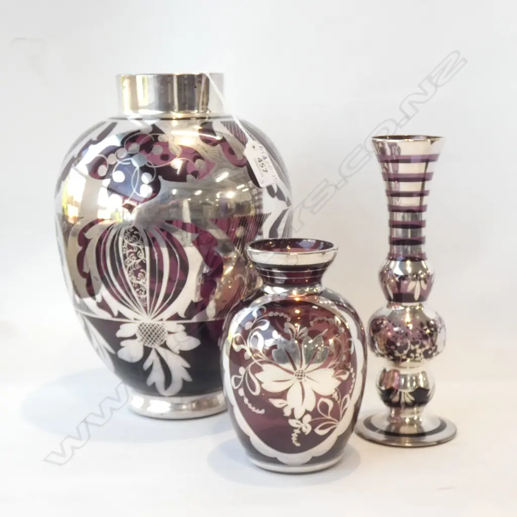 3 ASST ART NOUVEAU AMETHYST GLASS & SILVER OVERLAY VASES LARGEST H 300MM Image 1++