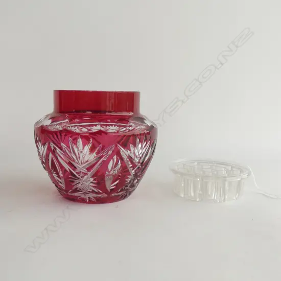 VINTAGE HEAVY BOHEMIAN RUBY CUT GLASS VASE (H 150MM) + VAL ST LAMBERT FLOWER FROG (FITS VASE)