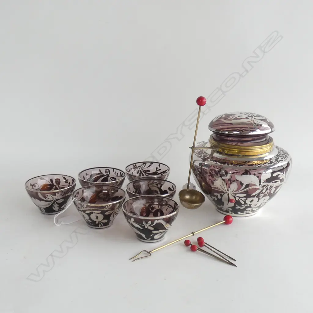 ART NOUVEAU AMETHYST GLASS & SILVER OVERLAY - LIDDED JAR (H 180MM) & 6 SM BOWLS OR TEA CUPS Image 1++