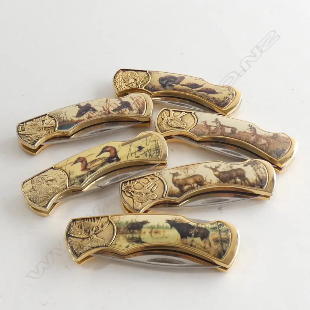 6 FRANKLIN MINT POCKET KNIVES w. ANIMAL DESIGNS Image 1++