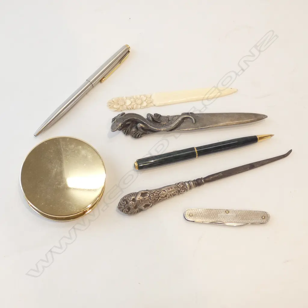 2 PARKER PENS + POCKET KNIFE,2x LETTER OPENERS (1 IVORY), STG BOOT HOOK + MAGNIFYING GLASS Image 1++