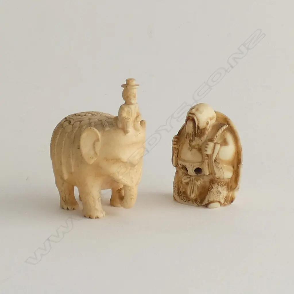 CARVED IVORY ELEPHANT H.60mm + RESIN NETSUKE FIGURE Image 1++