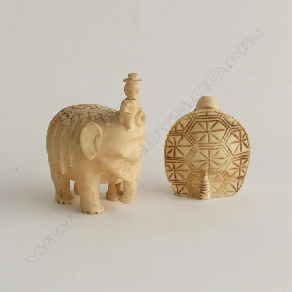 CARVED IVORY ELEPHANT H.60mm + RESIN NETSUKE FIGURE Image 1++