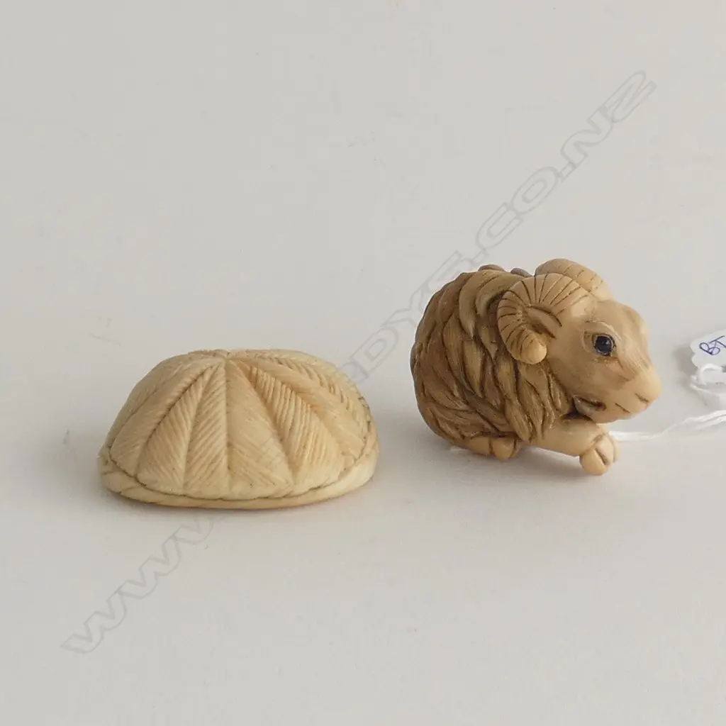 2 CARVED COROZA NUT PIECES; HORNED GOAT & BASKET OF DAIKON  Image 1++