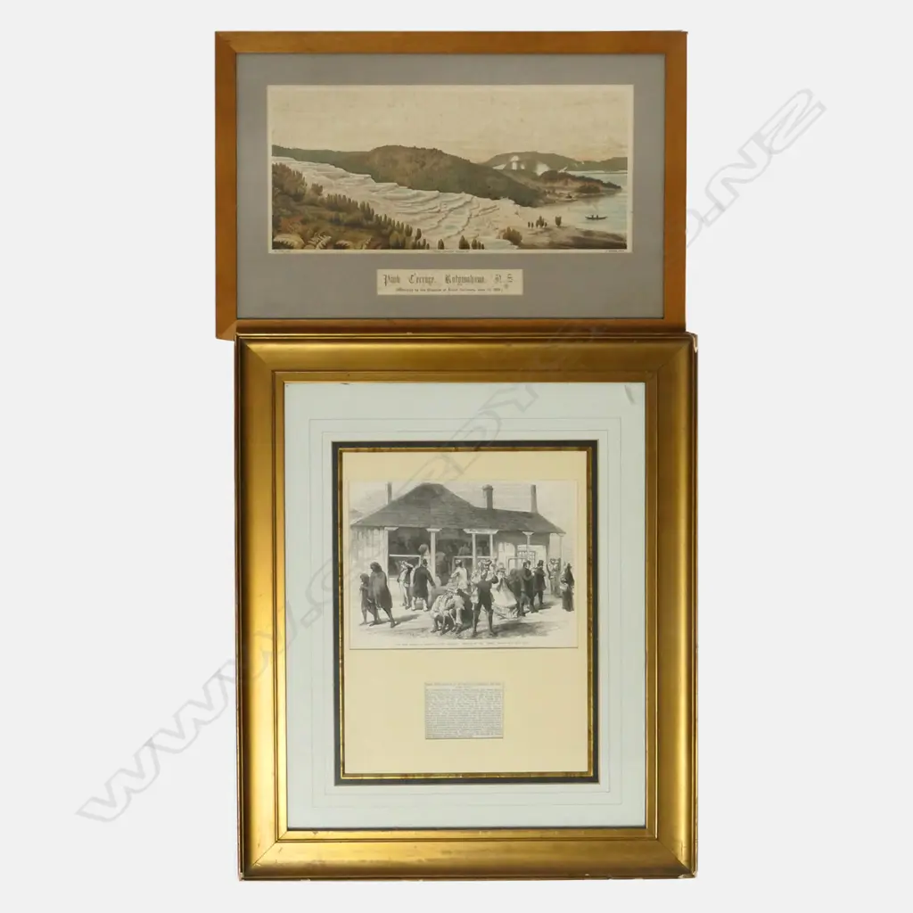TWO FRAMED NZ COLONIAL LITHOGRAPHS, 'PINK TERRACES' & 'P.O. OF AUCKLAND', 370 X 170MM & 340 X 260MM Image 1++