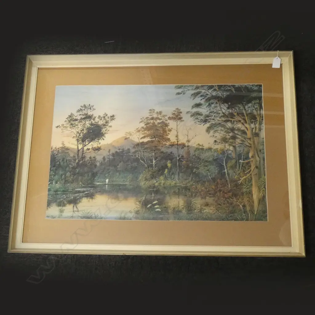 ALFRED SHARPE PRINT. TWILIGHT ON THE SWAMPS OF THE AWAROA, IN FLOOD 1887. OVERALL 660 x 890mm FRAMED Image 1++