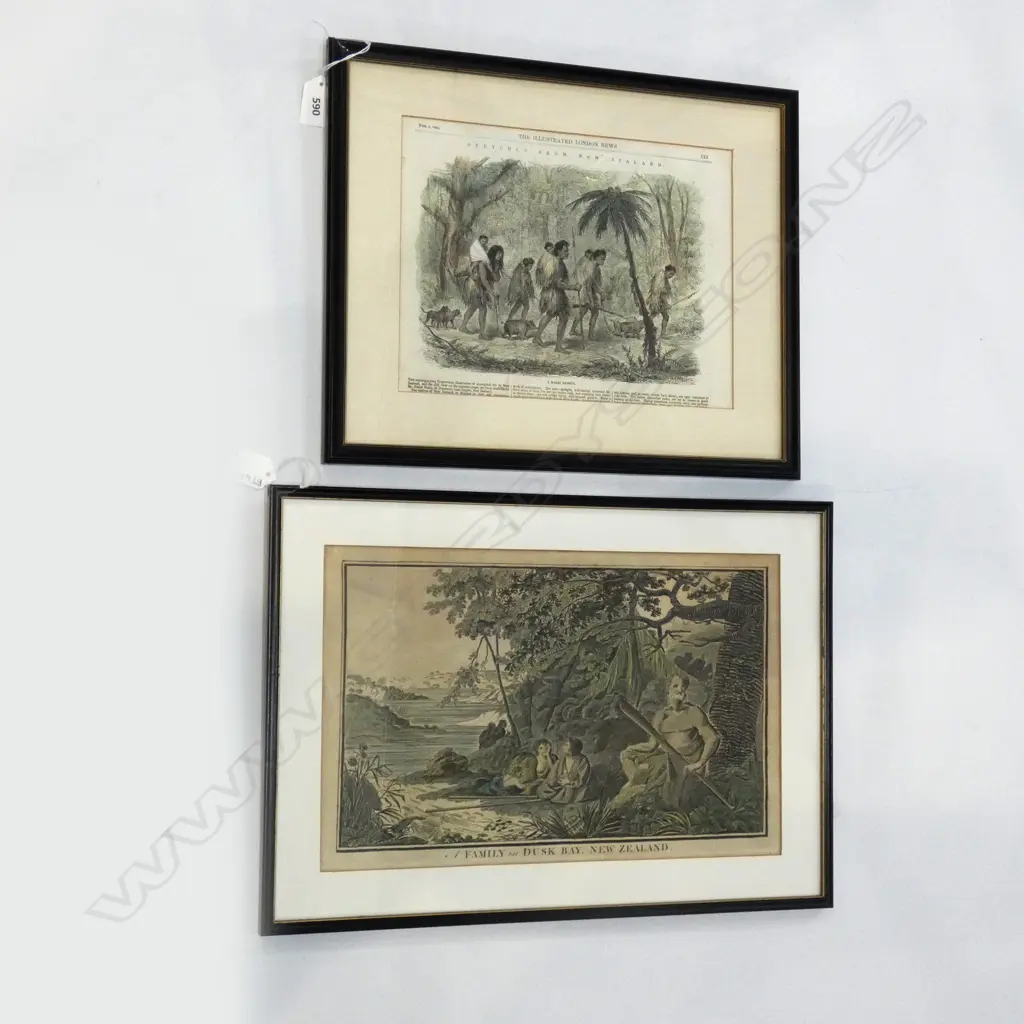 LITHOGRAPH 'A FAMILY IN DUSK BAY, NZ' 200x330mm + 'A MAORI EXODUS' ILLUSTRATED LONDON NEWS 1862 Image 1++