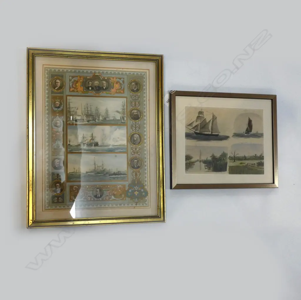 2 ARTWORKS; 19thC BRITISH ROYAL NAVY LITHOGRAPH 385x285mm + W/C Image 1++