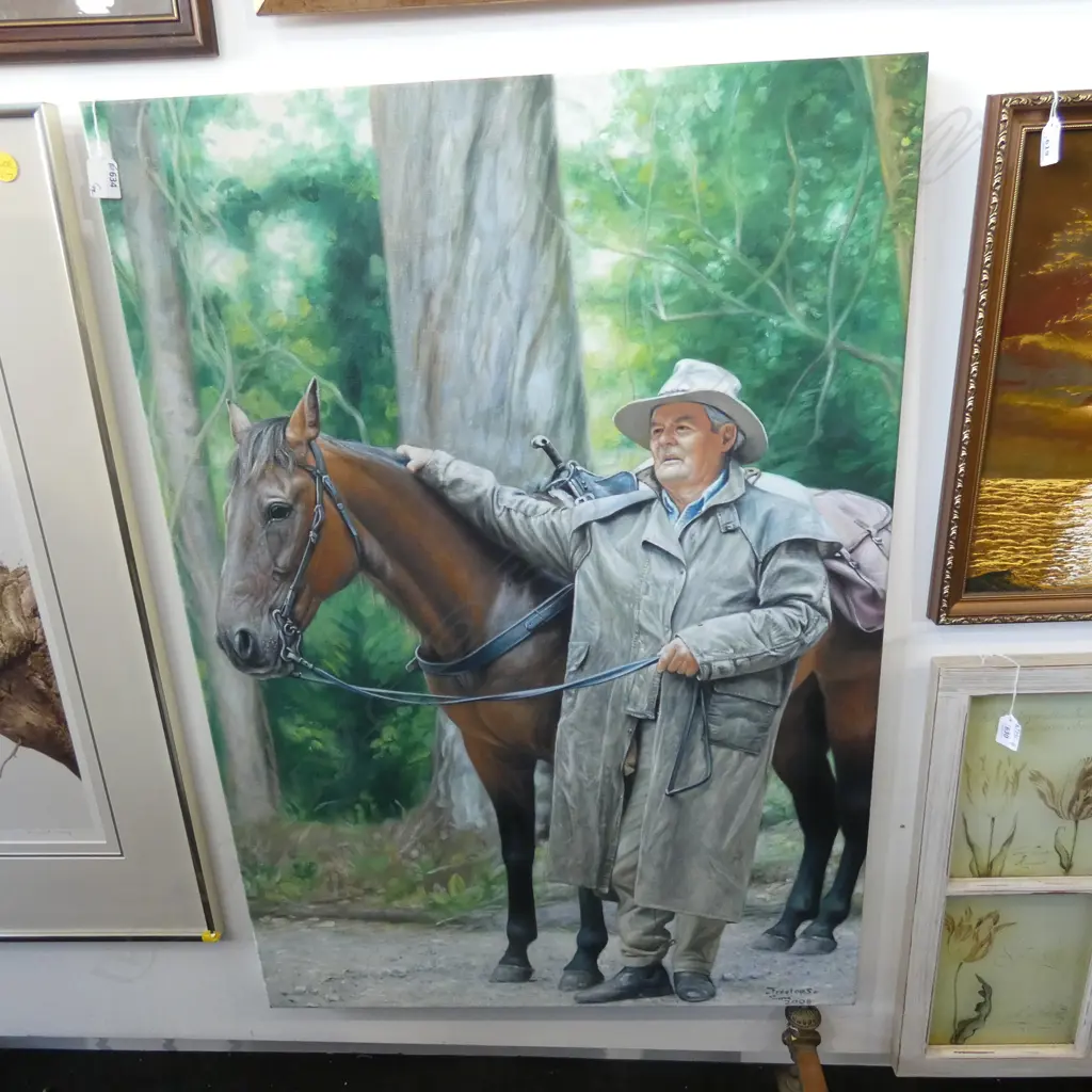 LARGE OIL ON CANVAS; HORSE & MAN SIGNED & DATED 'TREETOPS' SAM 2008 1000x710mm Image 1++