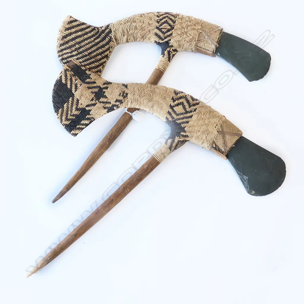 2 PNG HAFTED STONE AXES, WITH GRASSWORK BINDINGS, W.550 & 600mm Image 1++