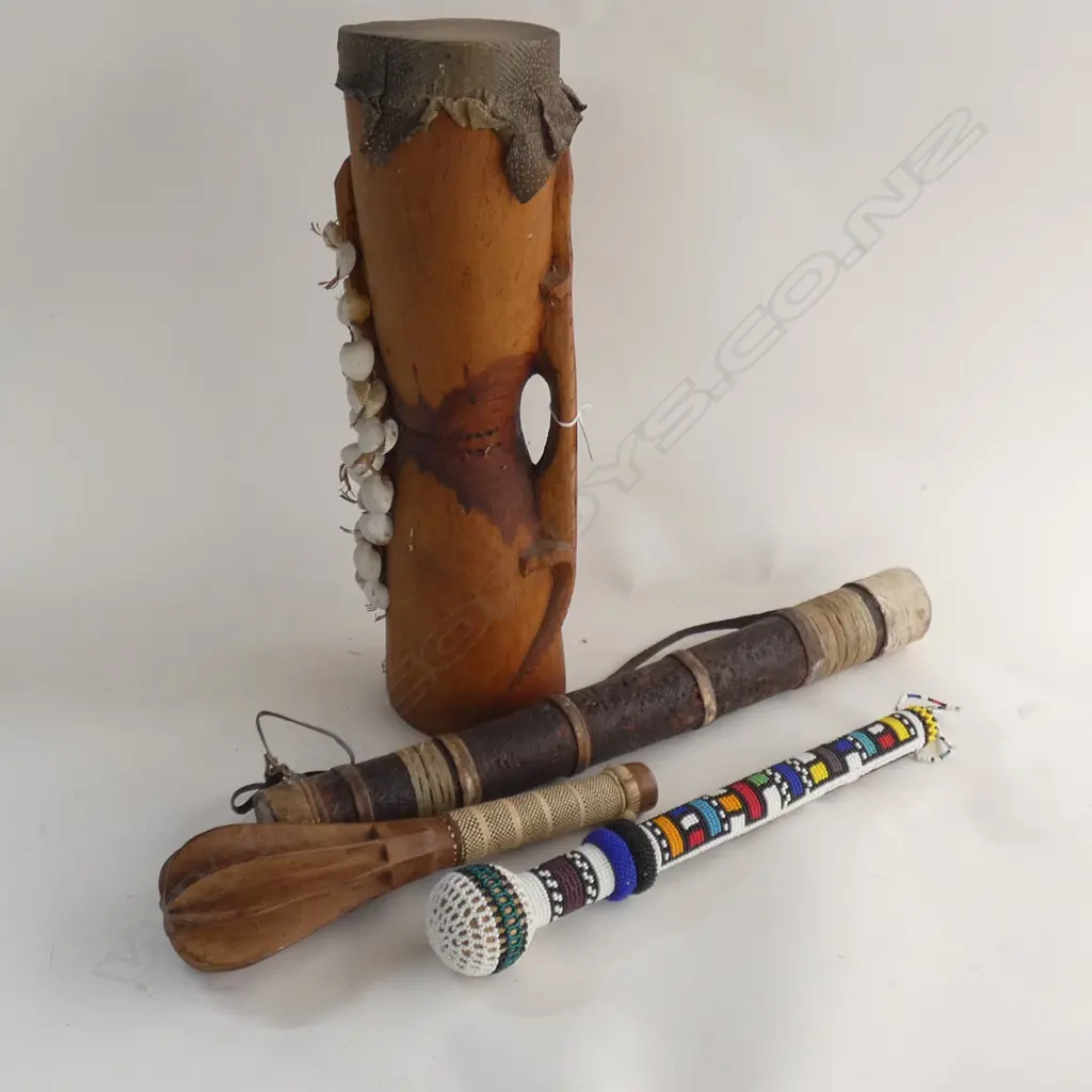 PNG KUNDU DRUM, TROBRIAND CLUB, AFRICAN BEADED MACE, & QUIVER & ARROWS Image 1++