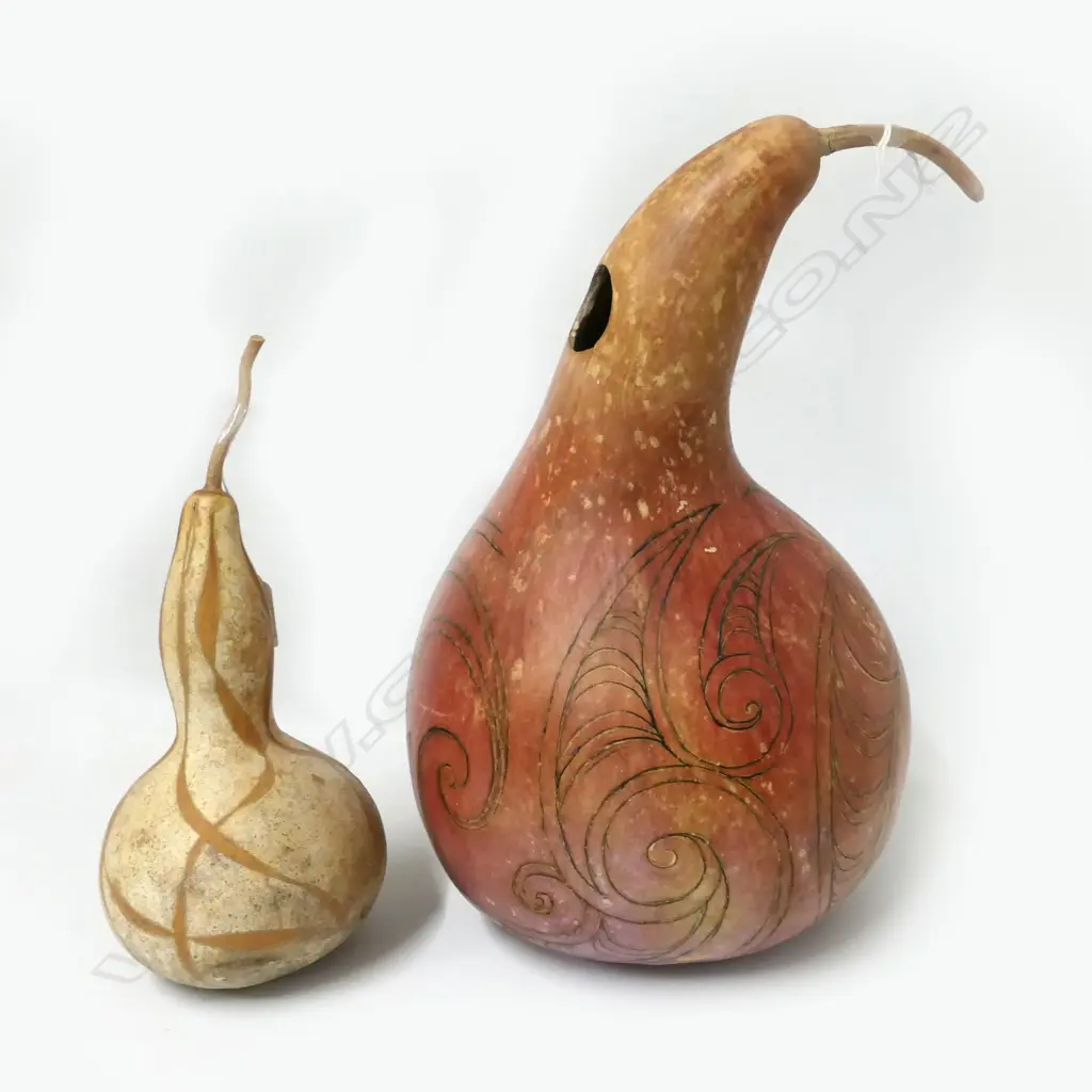 TWO CARVED MAORI GOURDS, TALLEST: 370MM Image 1++
